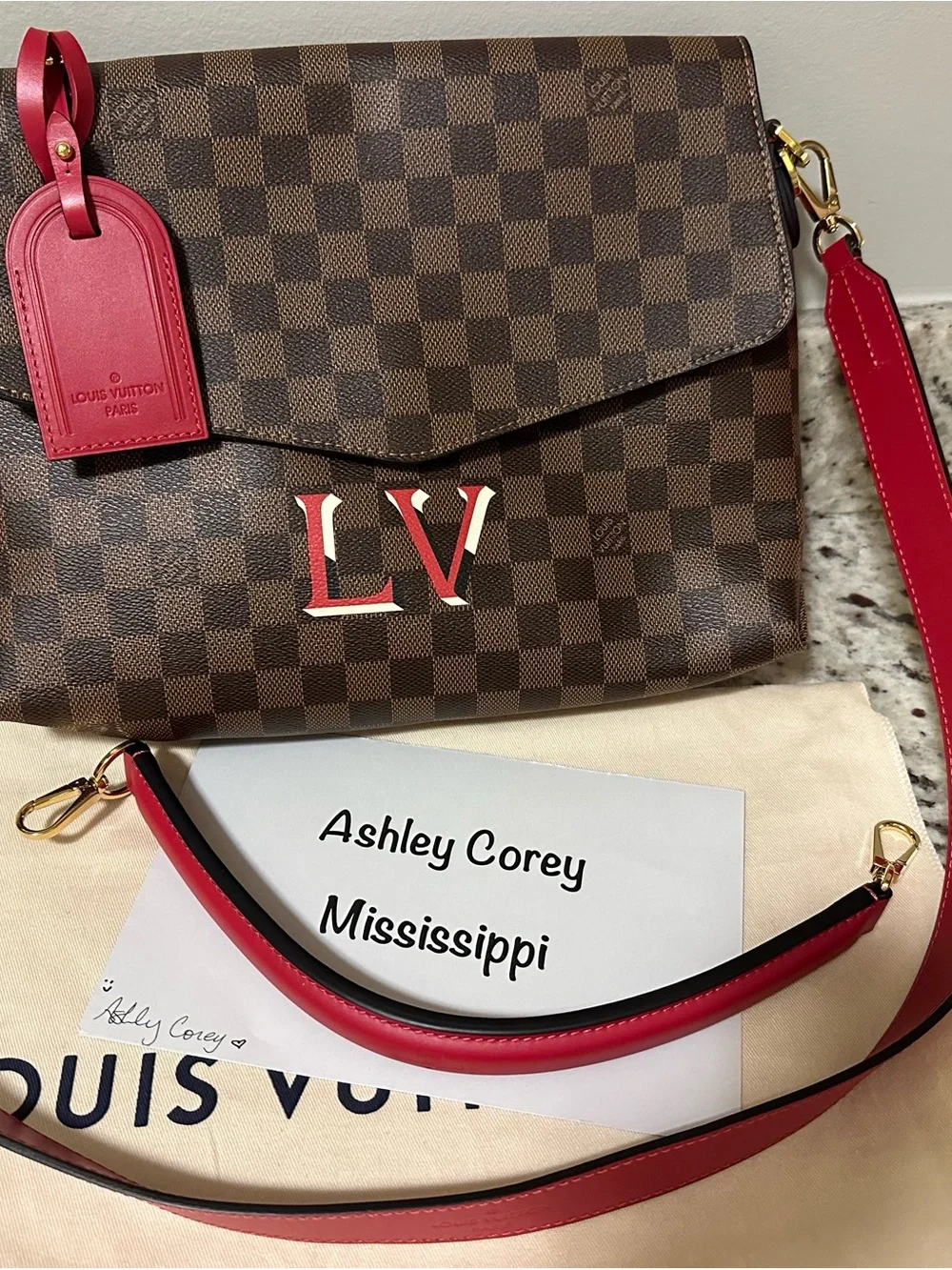 LOUIS VUITTON Beaubourg MM Damier Ebene Shoulder Bag Brown Scarlet Red Purse